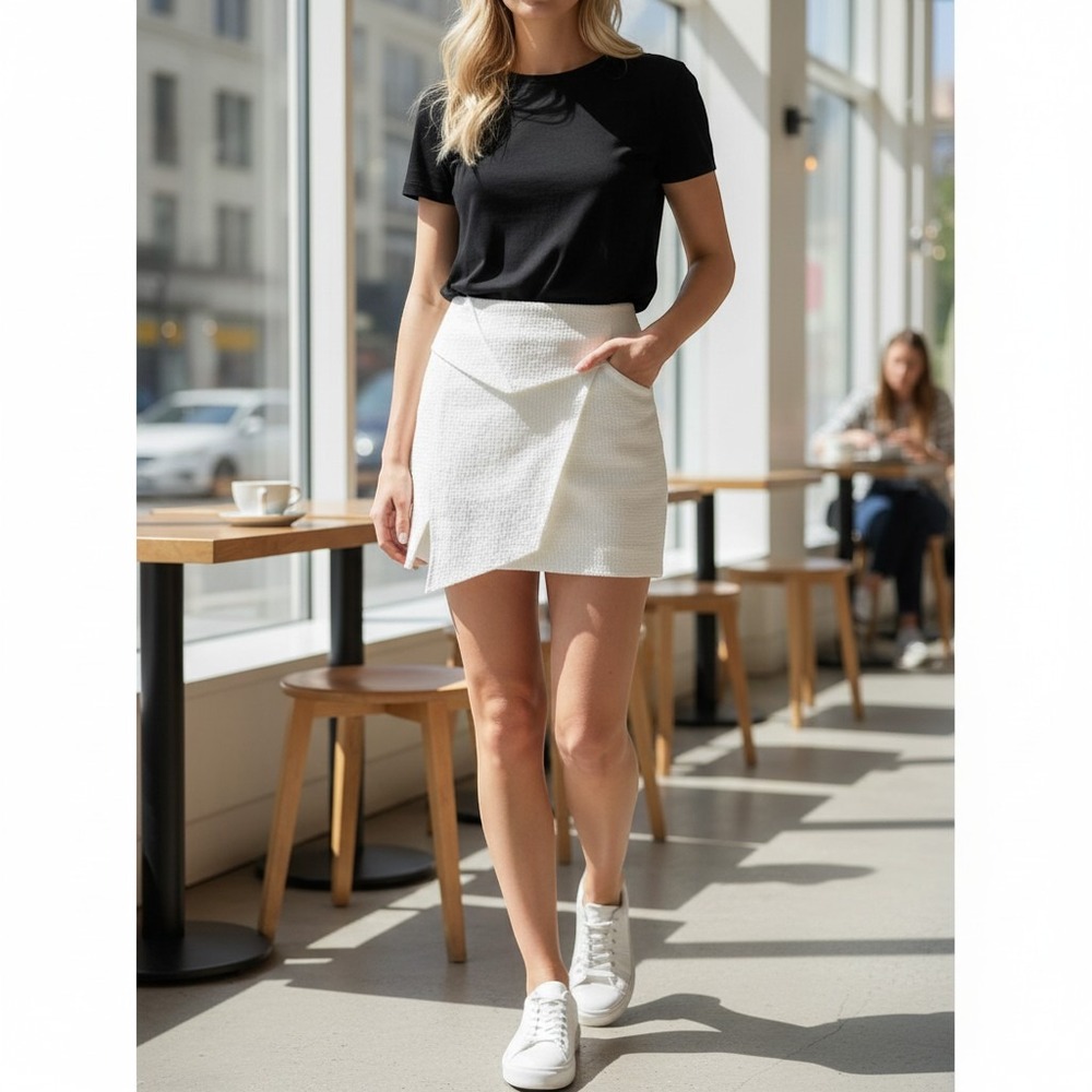 Line & Dot Womens White Textured Asymmetrical Wrap Mini Skort XS